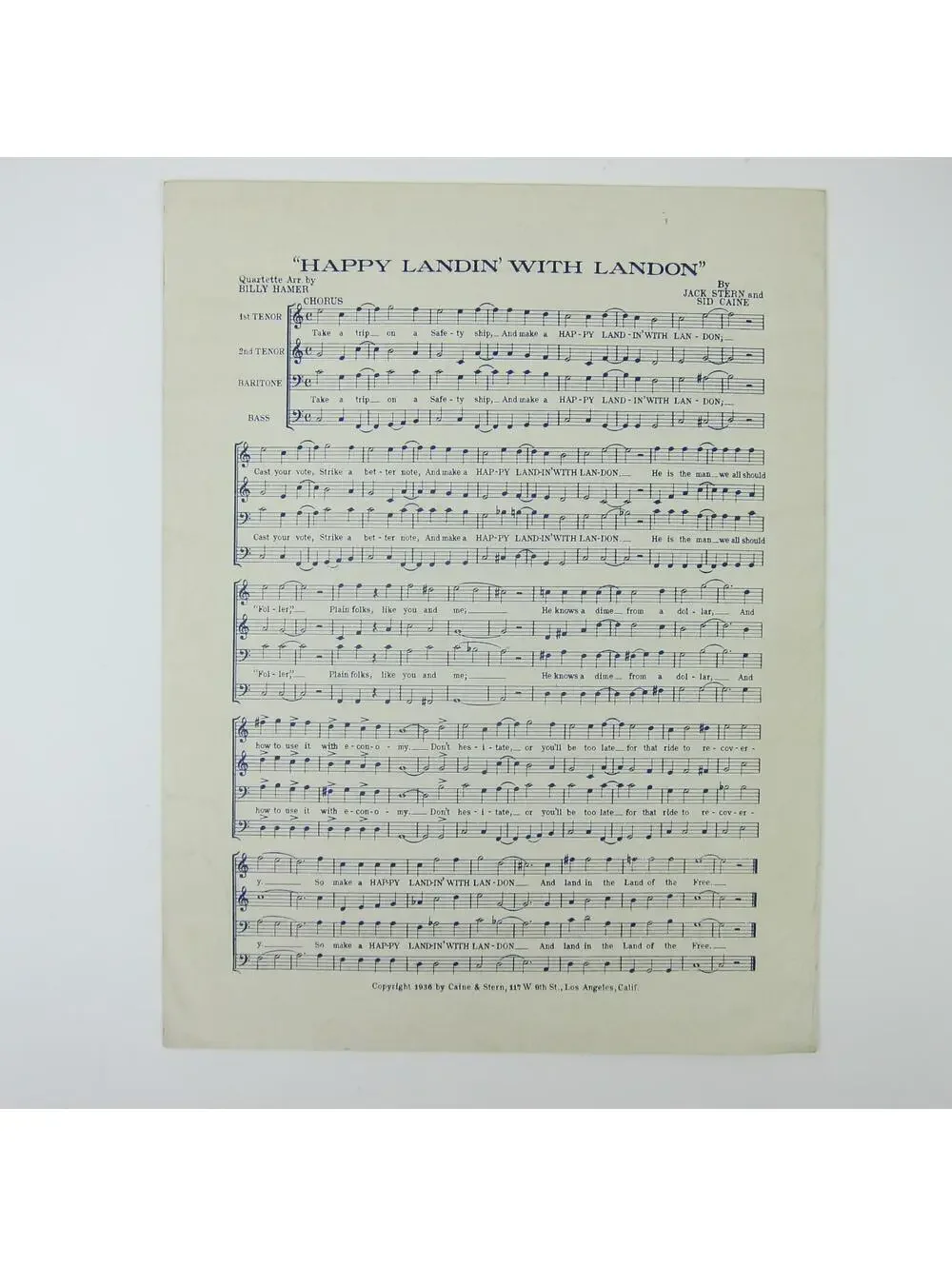 Alf Landon Presidential Campaign 1936 Sheet Music Happy Landin' With Landon